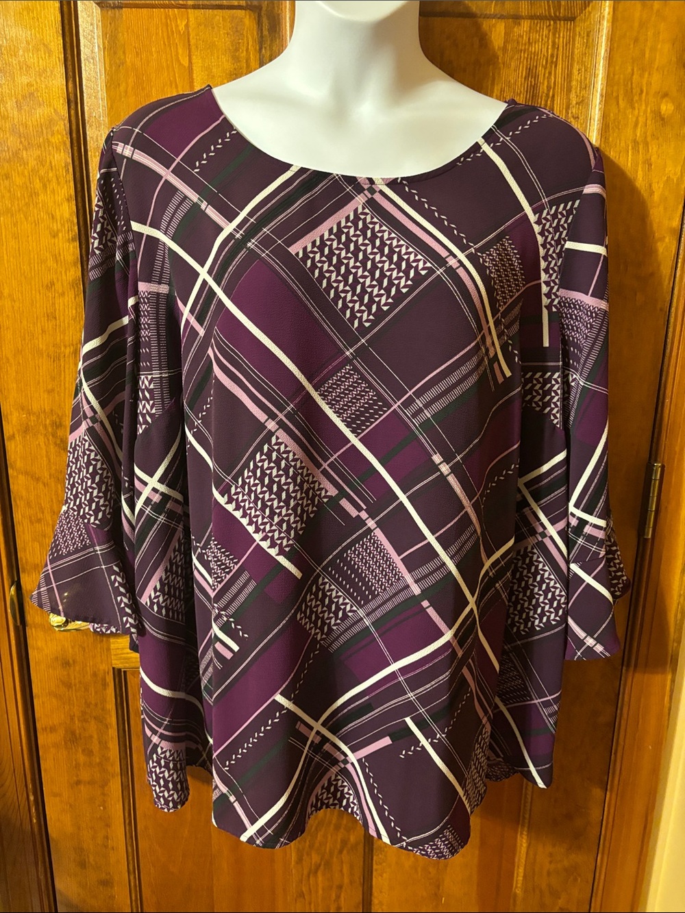 Catherines Plum and Pink Plaid Scoop Neck Tunic